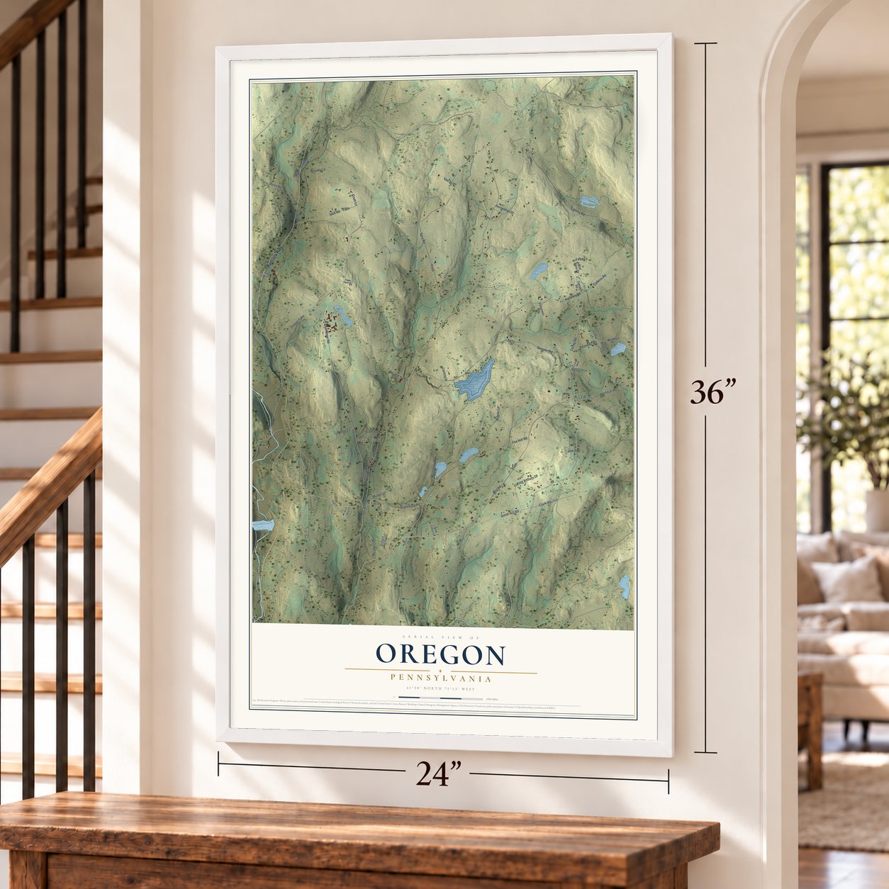 Oregon, Pennsylvania map, 24 x 36 inch print in a white frame by a staircase
