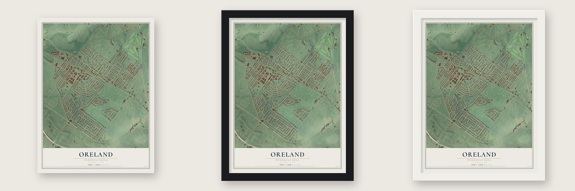 Oreland, Pennsylvania map unframed, in a black wood frame and in a white wood frame