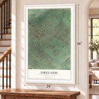 Oreland, Pennsylvania map, 24 x 36 inch print in a white frame by a staircase