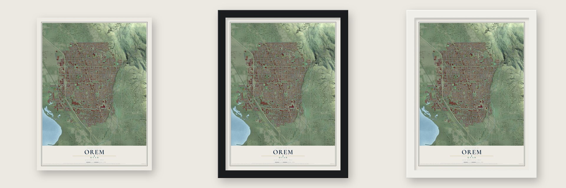 Orem, Utah map unframed, in a black wood frame and in a white wood frame