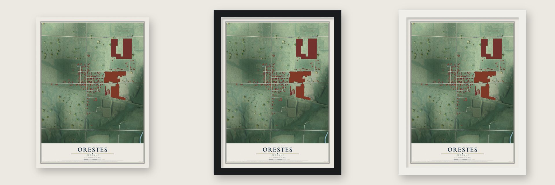 Orestes, Indiana map unframed, in a black wood frame and in a white wood frame