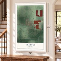 Orestes, Indiana map, 24 x 36 inch print in a white frame by a staircase