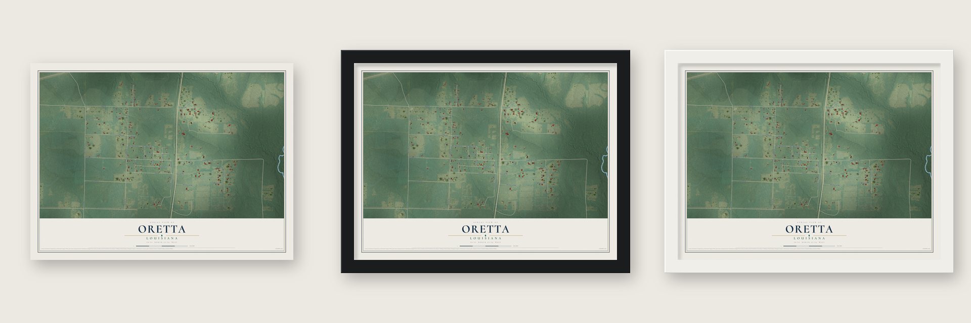 Oretta, Louisiana map unframed, in a black wood frame and in a white wood frame