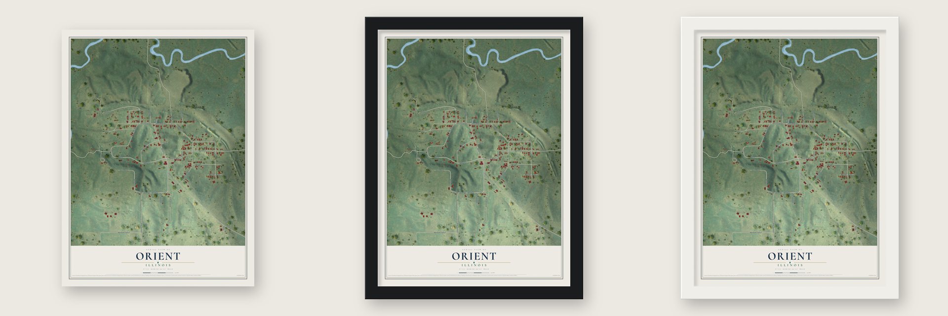 Orient, Illinois map unframed, in a black wood frame and in a white wood frame