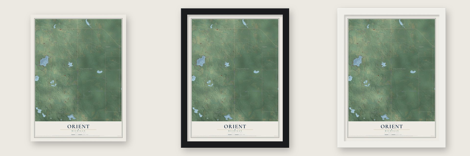Orient, Michigan map unframed, in a black wood frame and in a white wood frame