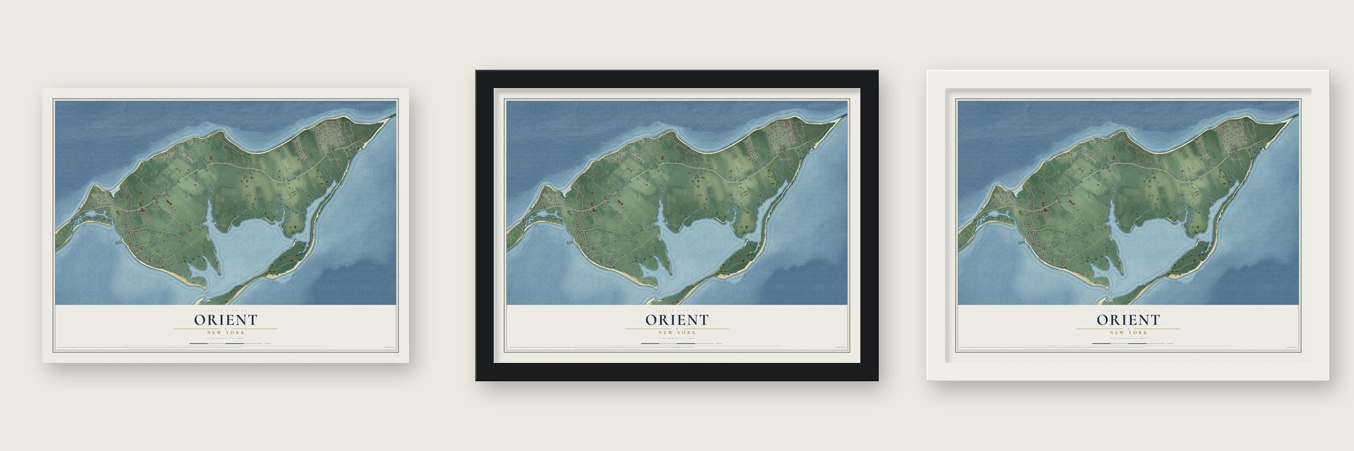 Orient, New York map unframed, in a black wood frame and in a white wood frame