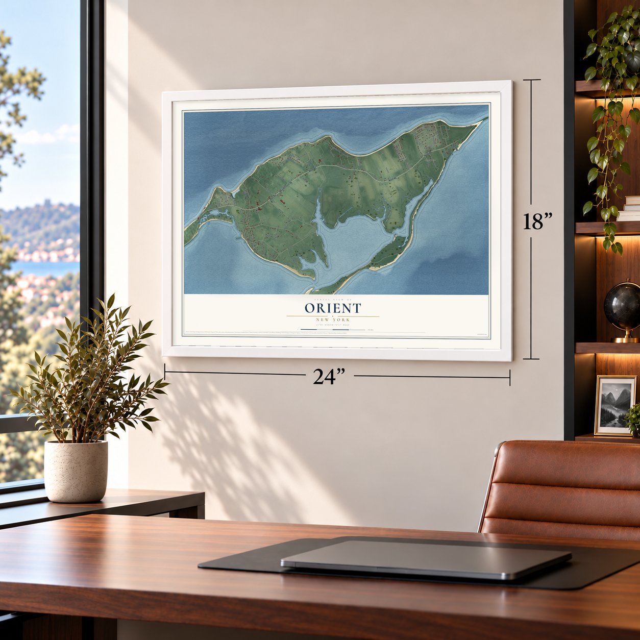 Orient, New York map, 18 x 24 inch print in a white frame in a home office