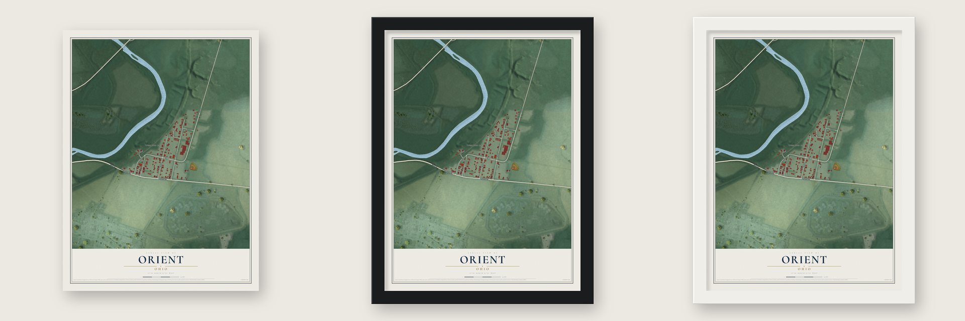 Orient, Ohio map unframed, in a black wood frame and in a white wood frame