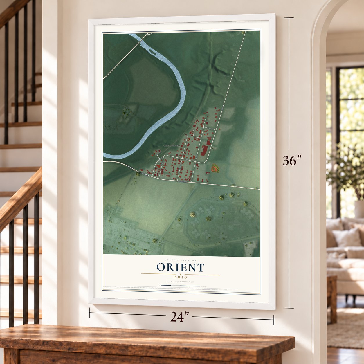 Orient, Ohio map, 24 x 36 inch print in a white frame by a staircase