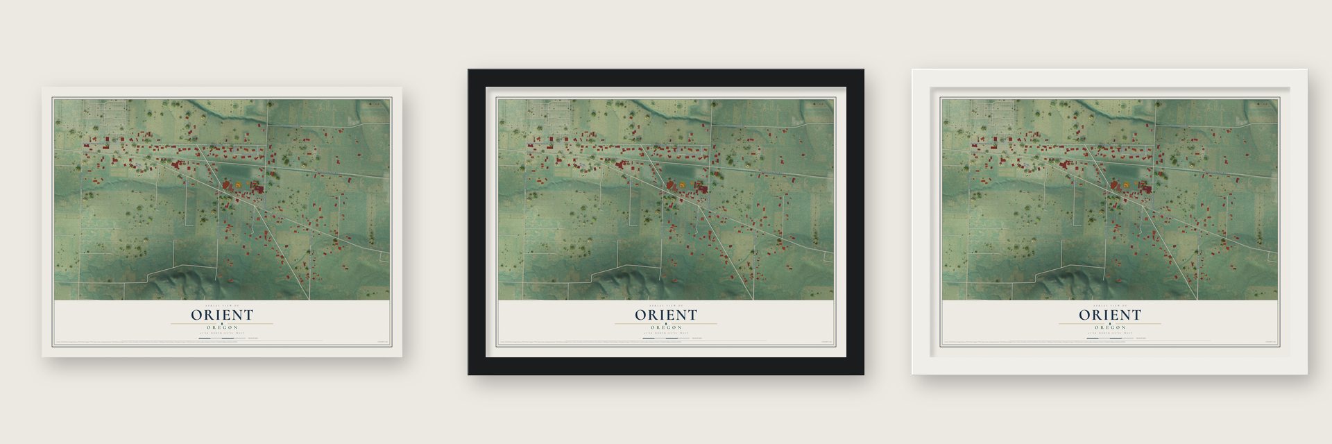 Orient, Oregon map unframed, in a black wood frame and in a white wood frame