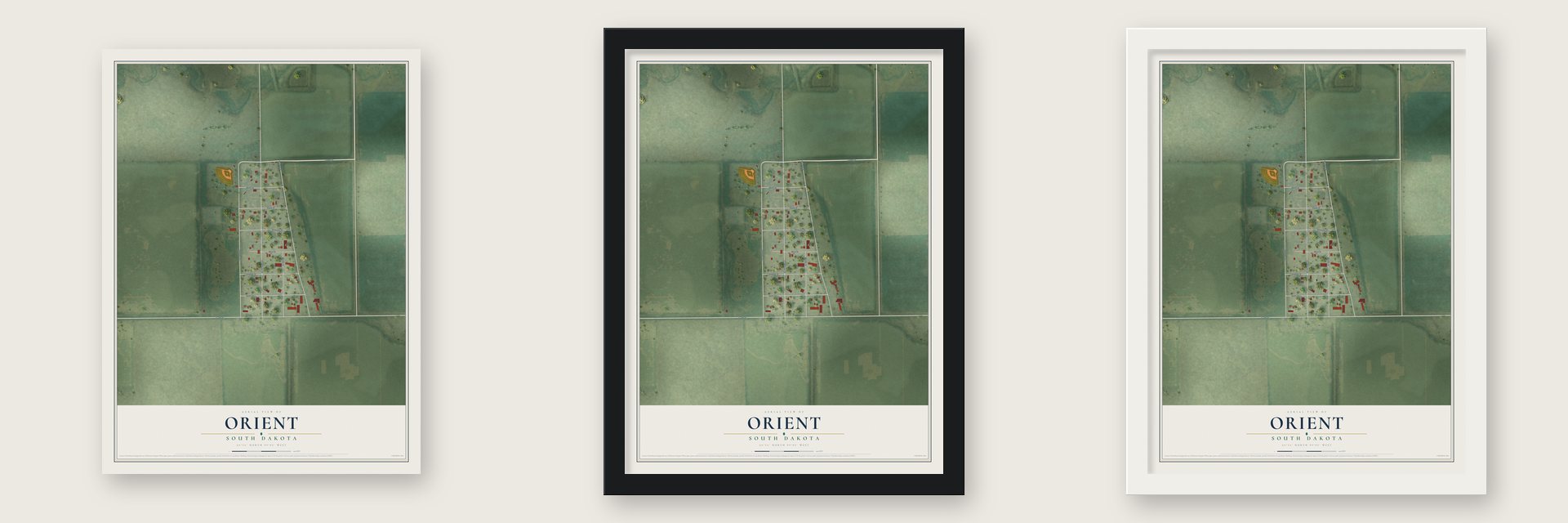 Orient, South Dakota map unframed, in a black wood frame and in a white wood frame