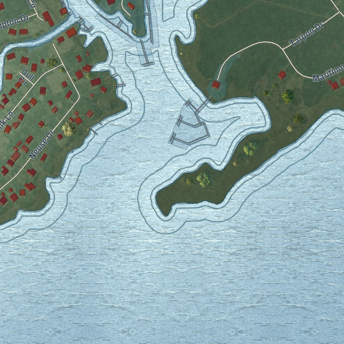 Second close-up of the map of Oriental, North Carolina print showing more streets and buildings