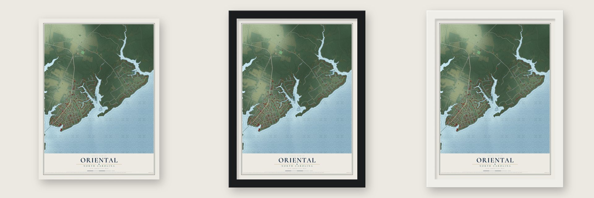 Oriental, North Carolina map unframed, in a black wood frame and in a white wood frame