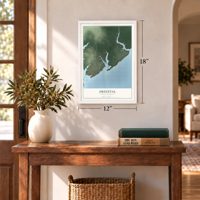 Oriental, North Carolina map, 12 x 18 inch print in a white frame in an entryway