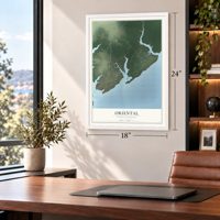 Oriental, North Carolina map, 18 x 24 inch print in a white frame in a home office