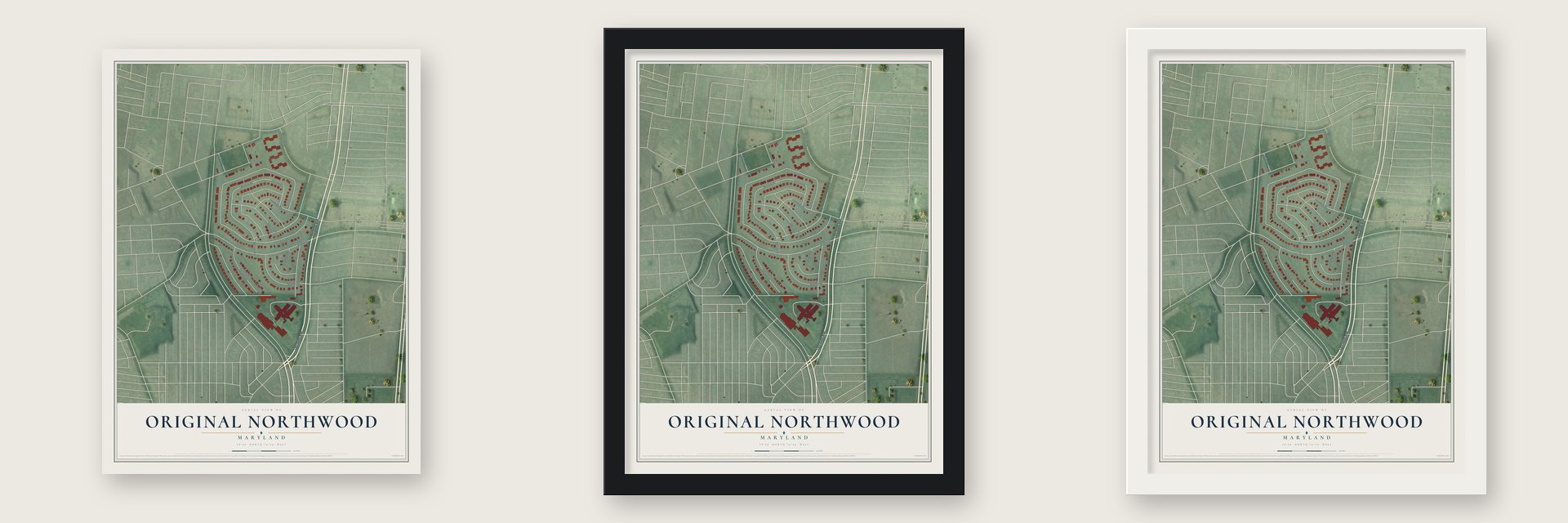 Original Northwood, Maryland map unframed, in a black wood frame and in a white wood frame
