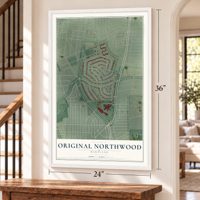 Original Northwood, Maryland map, 24 x 36 inch print in a white frame by a staircase