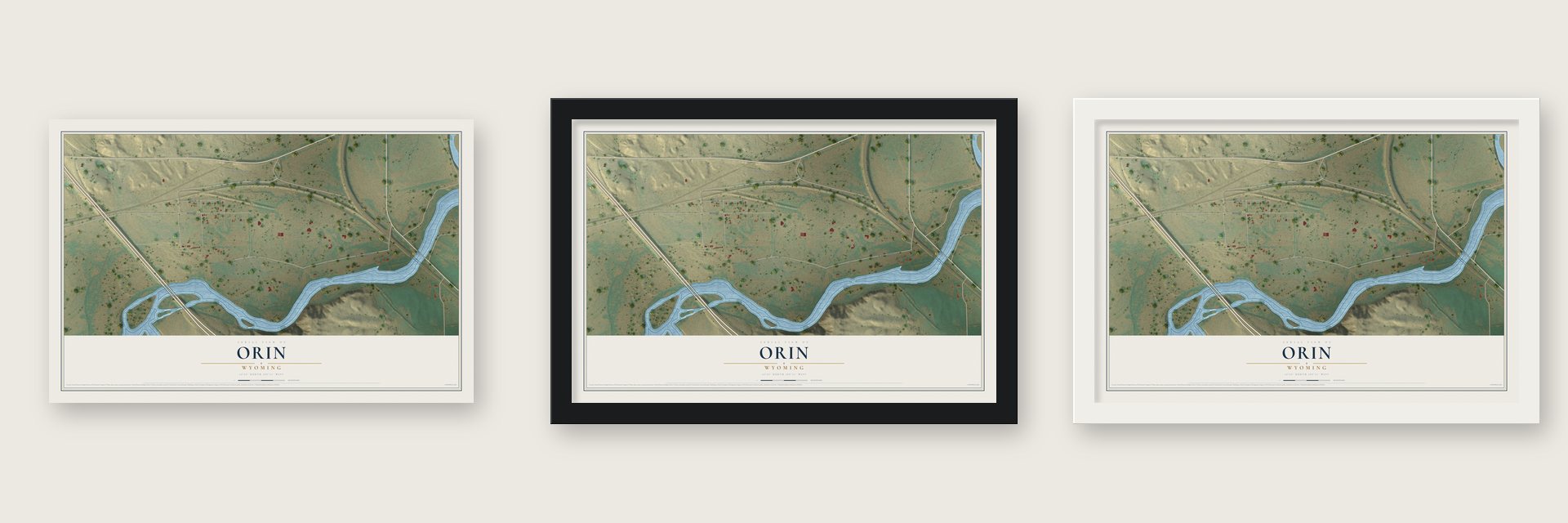 Orin, Wyoming map unframed, in a black wood frame and in a white wood frame