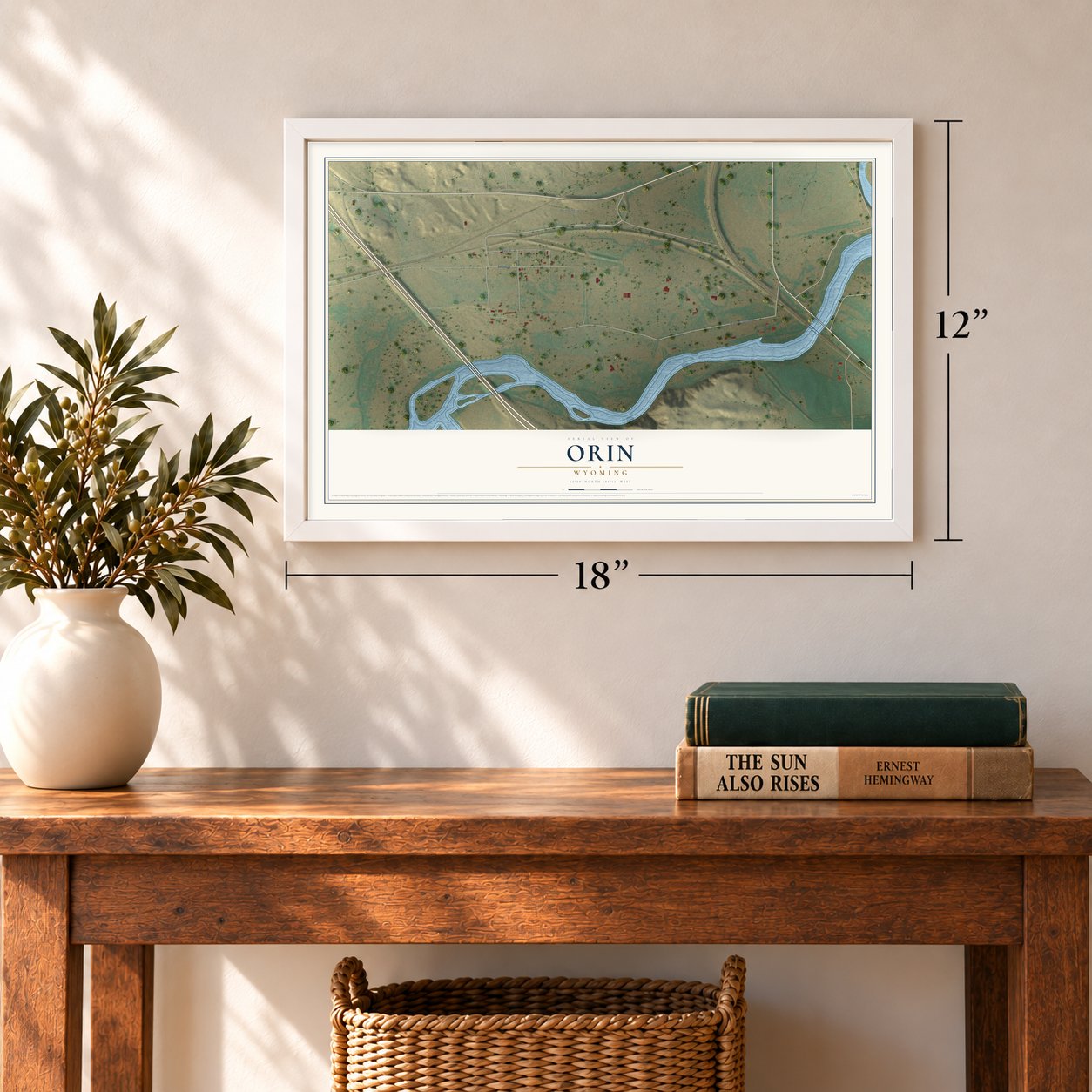 Orin, Wyoming map, 12 x 18 inch print in a white frame in an entryway