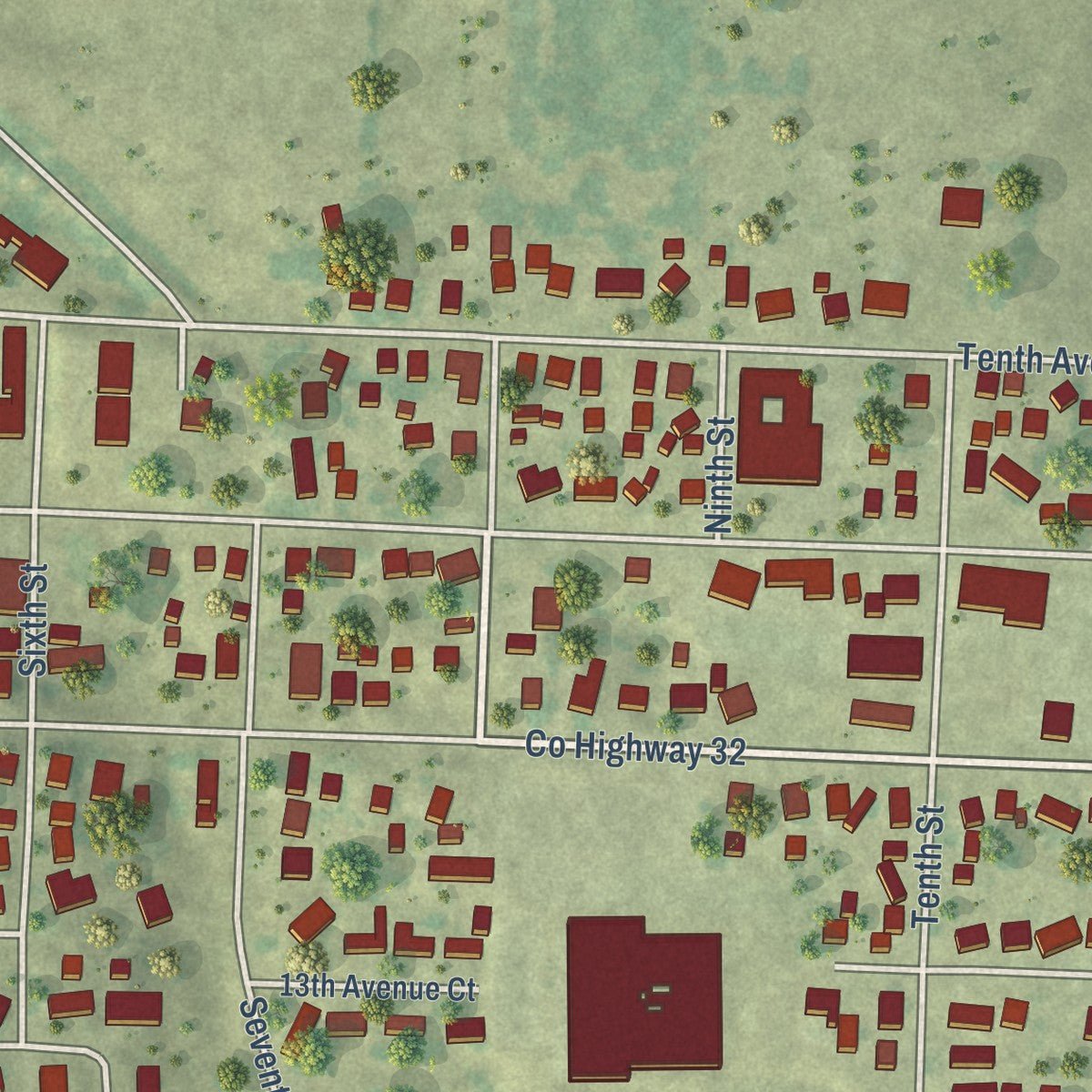 Second close-up of the map of Orion, Illinois print showing more streets and buildings