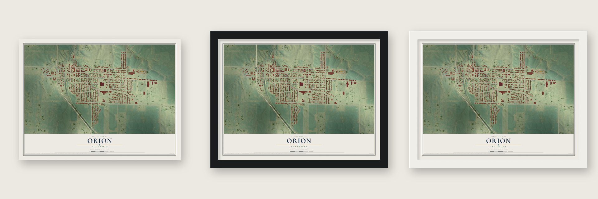 Orion, Illinois map unframed, in a black wood frame and in a white wood frame