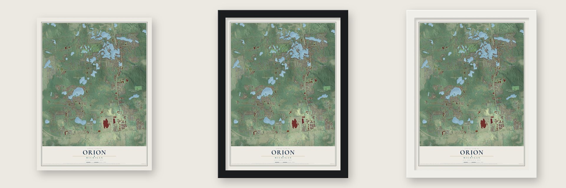 Orion, Michigan map unframed, in a black wood frame and in a white wood frame