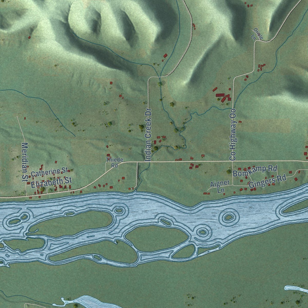 Second close-up of the map of Orion, Wisconsin print showing more streets and buildings