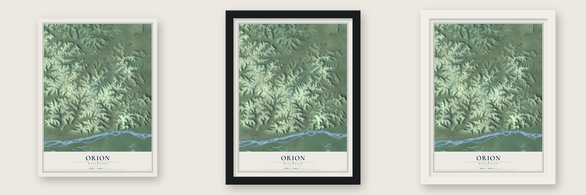 Orion, Wisconsin map unframed, in a black wood frame and in a white wood frame
