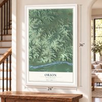 Orion, Wisconsin map, 24 x 36 inch print in a white frame by a staircase