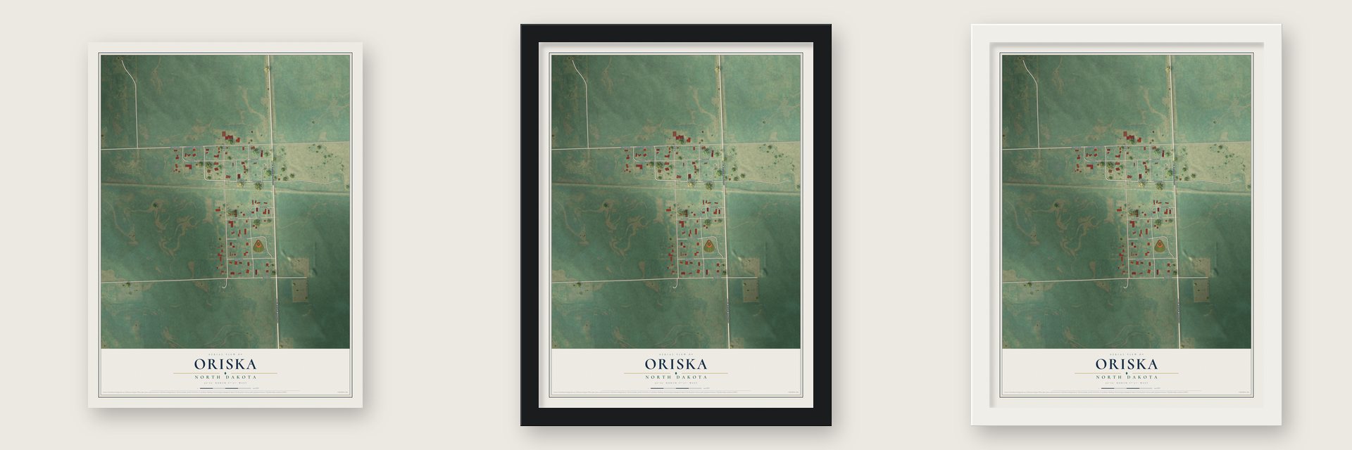 Oriska, North Dakota map unframed, in a black wood frame and in a white wood frame