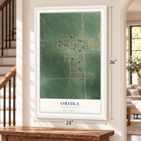 Oriska, North Dakota map, 24 x 36 inch print in a white frame by a staircase
