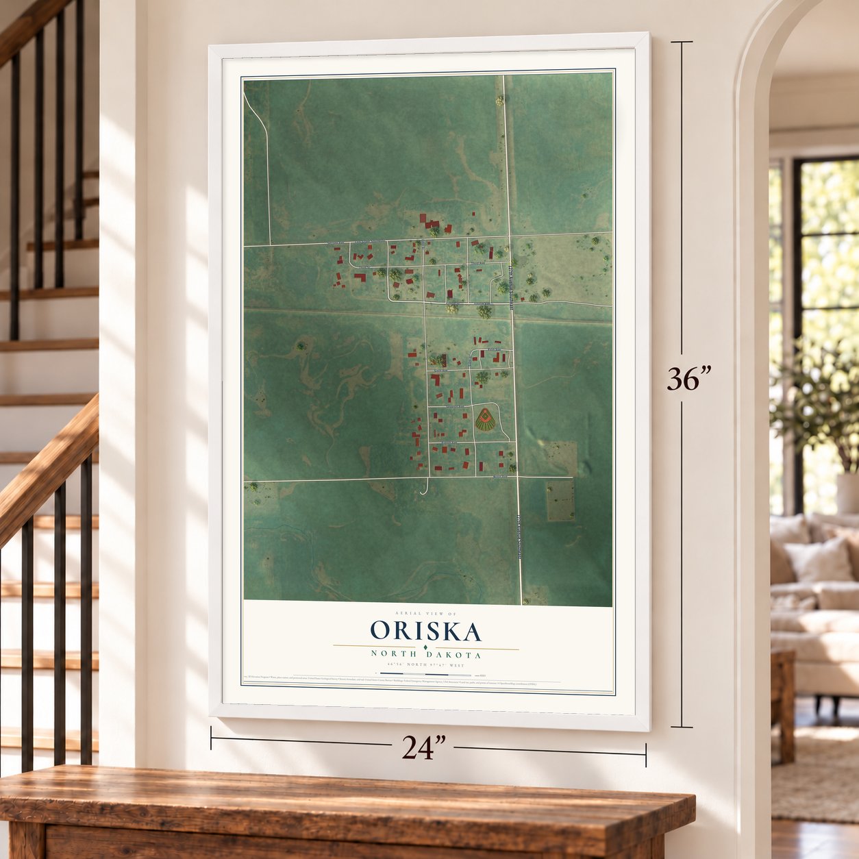 Oriska, North Dakota map, 24 x 36 inch print in a white frame by a staircase