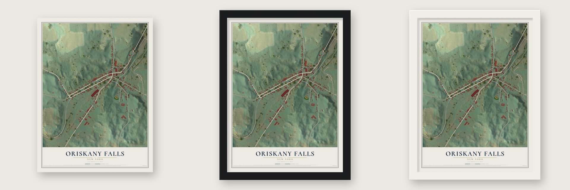 Oriskany Falls, New York map unframed, in a black wood frame and in a white wood frame