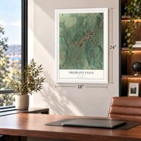 Oriskany Falls, New York map, 18 x 24 inch print in a white frame in a home office