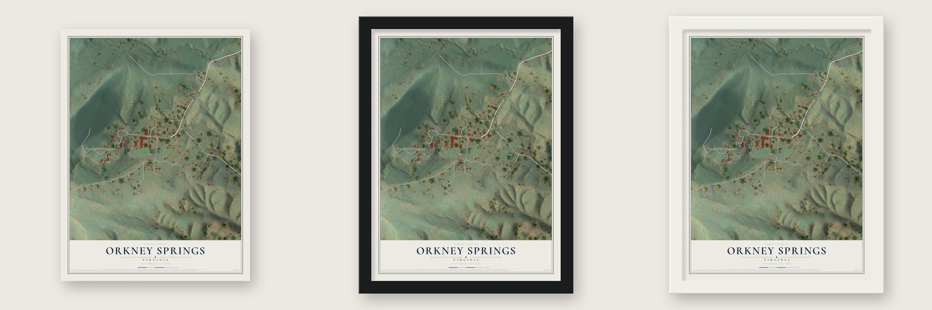 Orkney Springs, Virginia map unframed, in a black wood frame and in a white wood frame