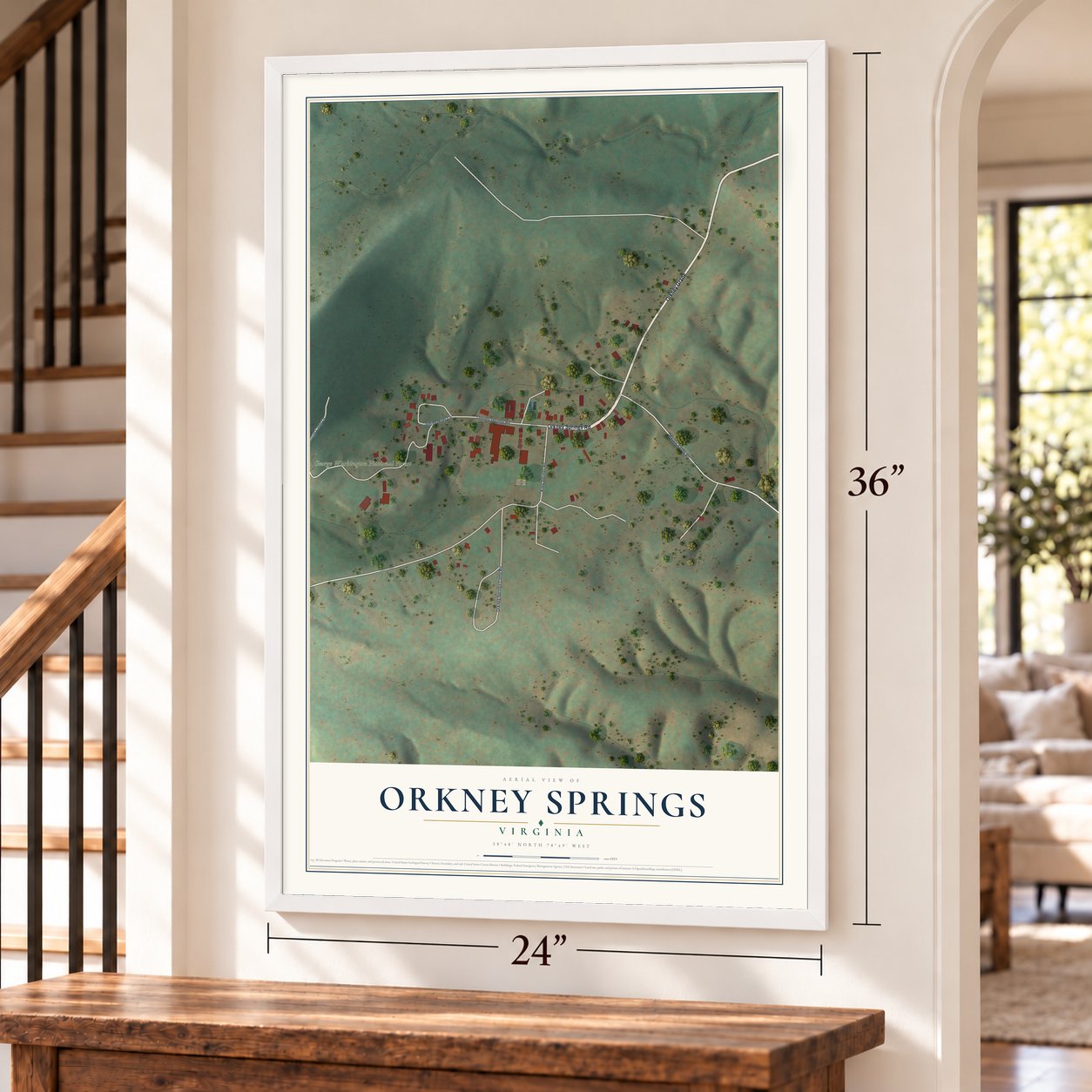 Orkney Springs, Virginia map, 24 x 36 inch print in a white frame by a staircase