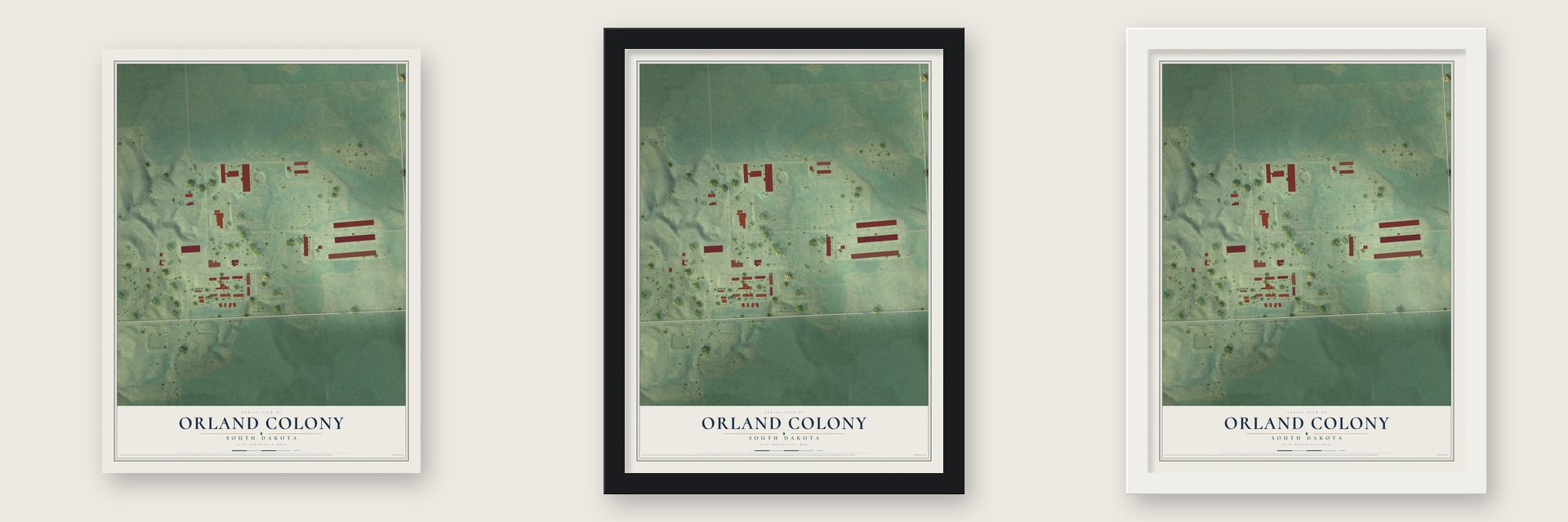 Orland Colony, South Dakota map unframed, in a black wood frame and in a white wood frame