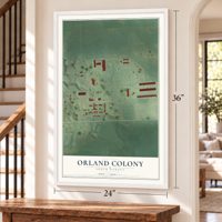 Orland Colony, South Dakota map, 24 x 36 inch print in a white frame by a staircase