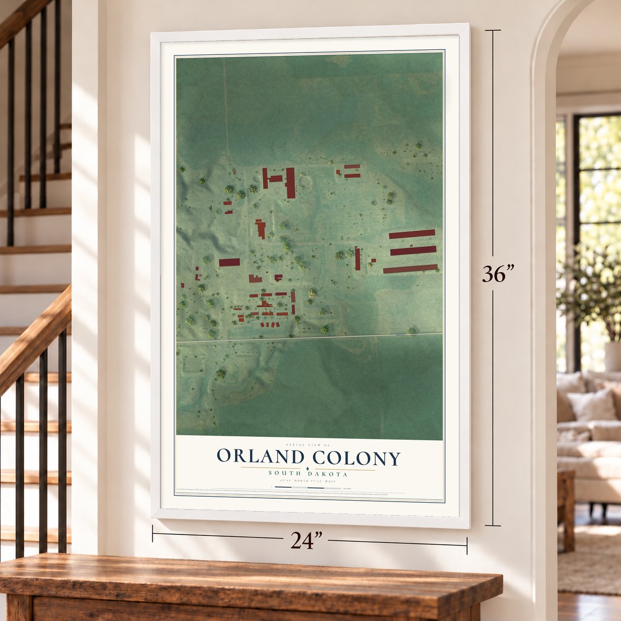 Orland Colony, South Dakota map, 24 x 36 inch print in a white frame by a staircase