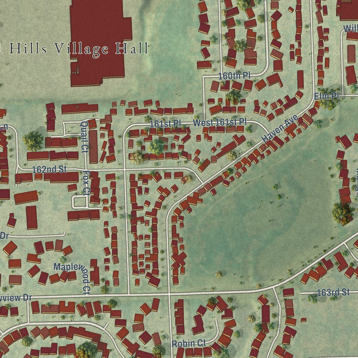 Second close-up of the map of Orland Hills, Illinois print showing more streets and buildings