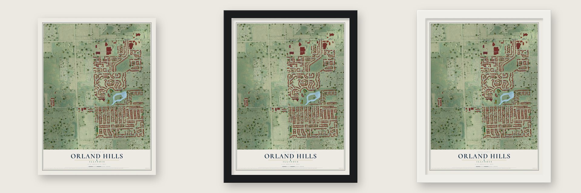 Orland Hills, Illinois map unframed, in a black wood frame and in a white wood frame