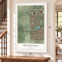 Orland Hills, Illinois map, 24 x 36 inch print in a white frame by a staircase