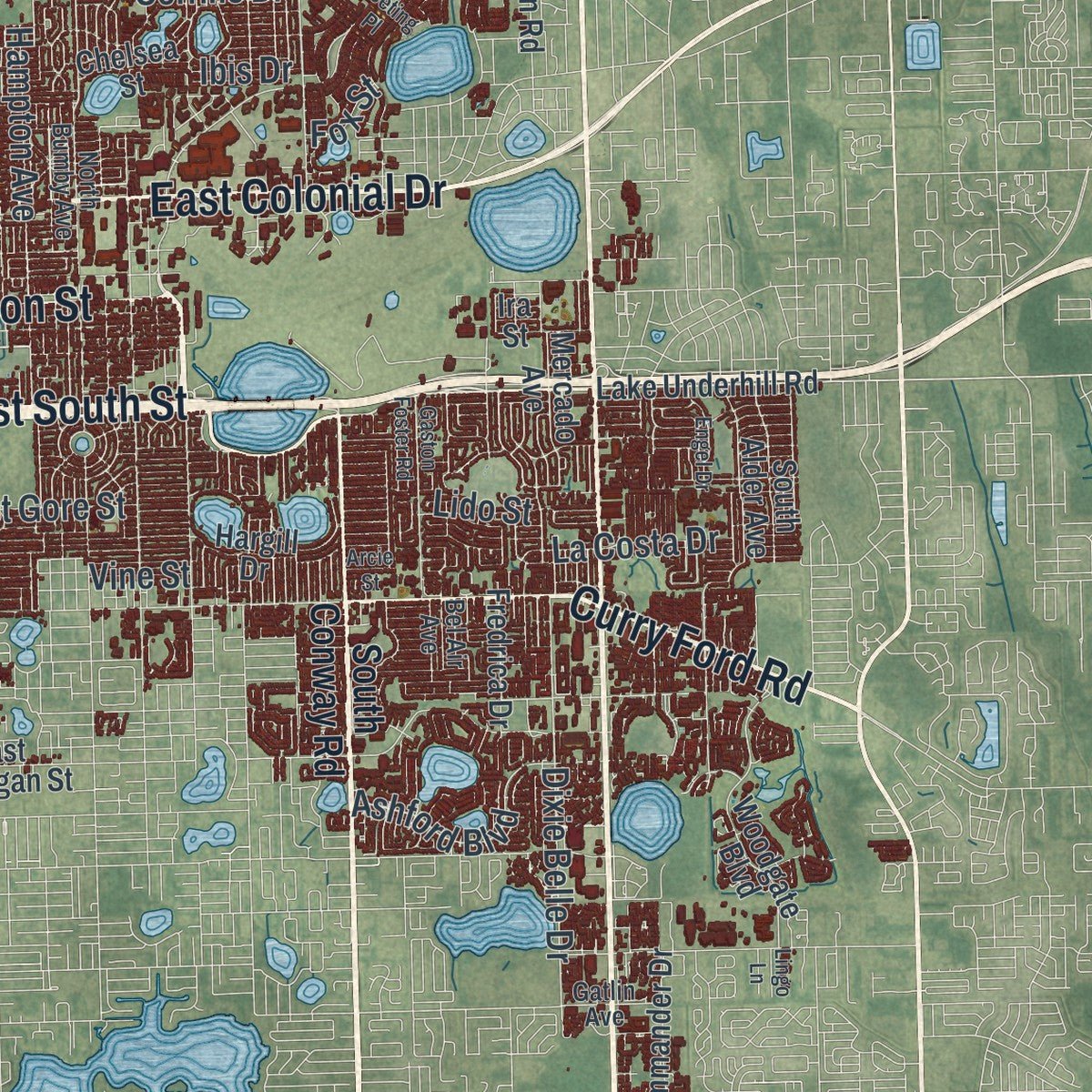 Second close-up of the map of Orlando, Florida print showing more streets and buildings