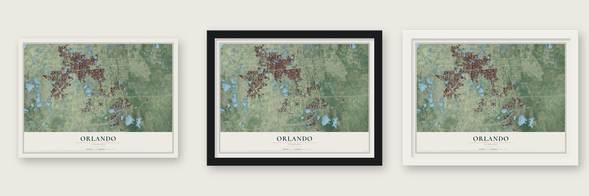 Orlando, Florida map unframed, in a black wood frame and in a white wood frame