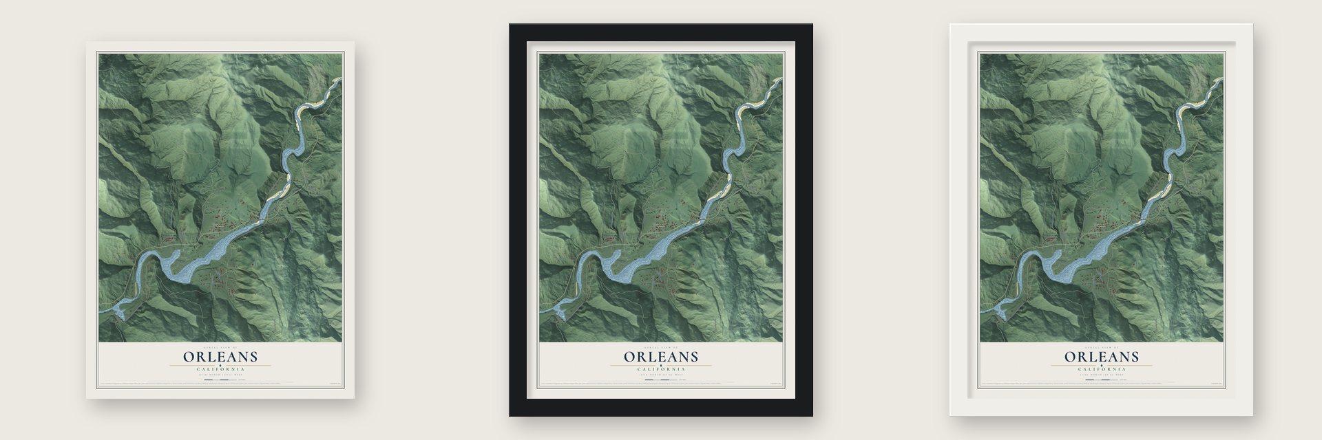 Orleans, California map unframed, in a black wood frame and in a white wood frame
