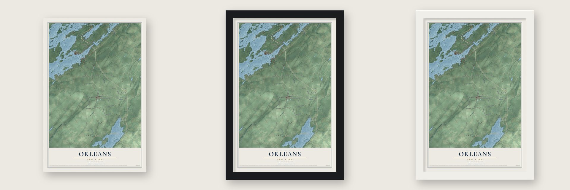 Orleans, New York map unframed, in a black wood frame and in a white wood frame