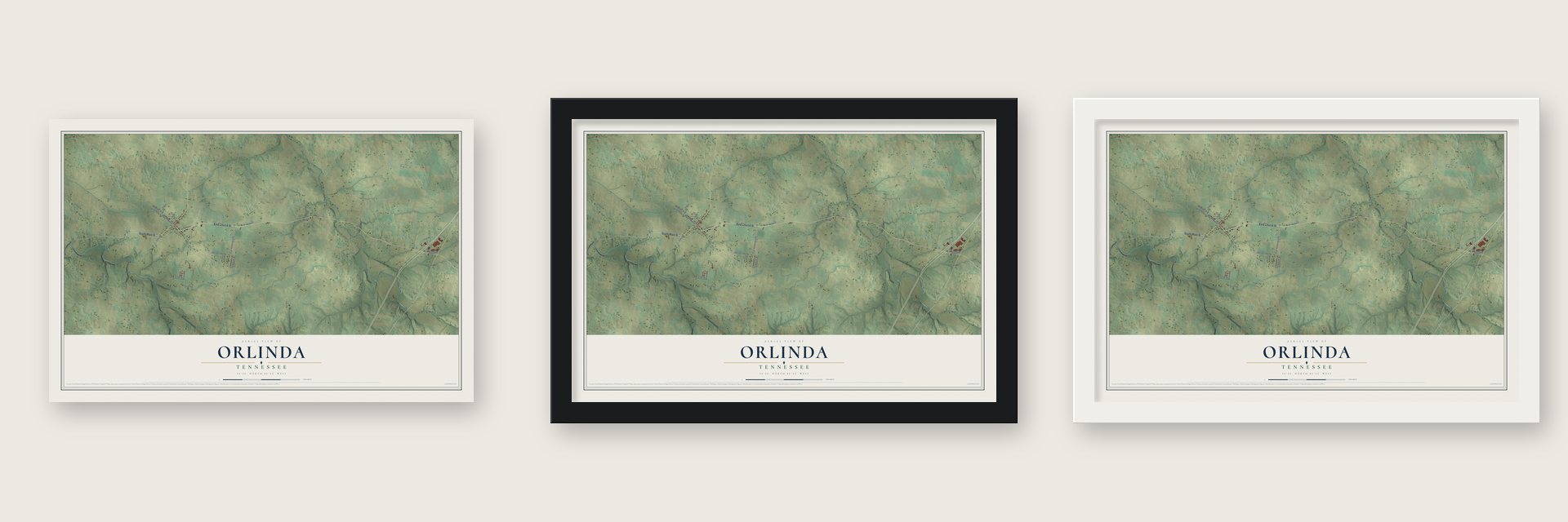 Orlinda, Tennessee map unframed, in a black wood frame and in a white wood frame