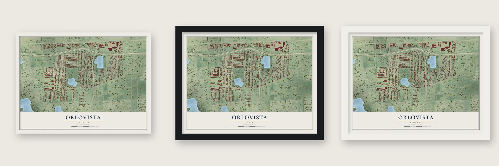 Orlovista, Florida map unframed, in a black wood frame and in a white wood frame