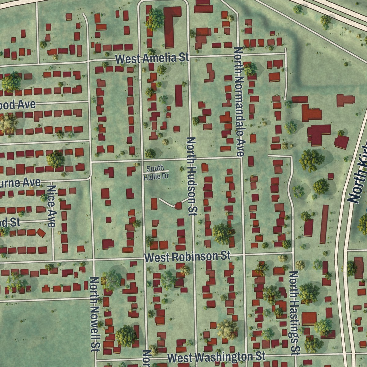 Second close-up of the map of Orlovista, Florida print showing more streets and buildings