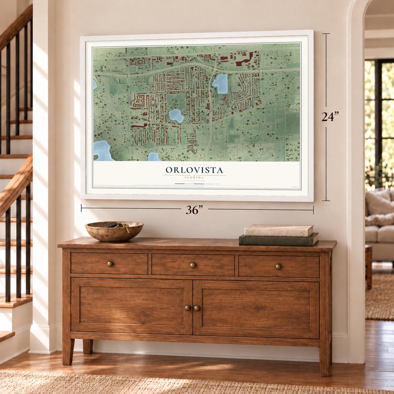 Orlovista, Florida map, 24 x 36 inch print in a white frame above a dresser by a staircase